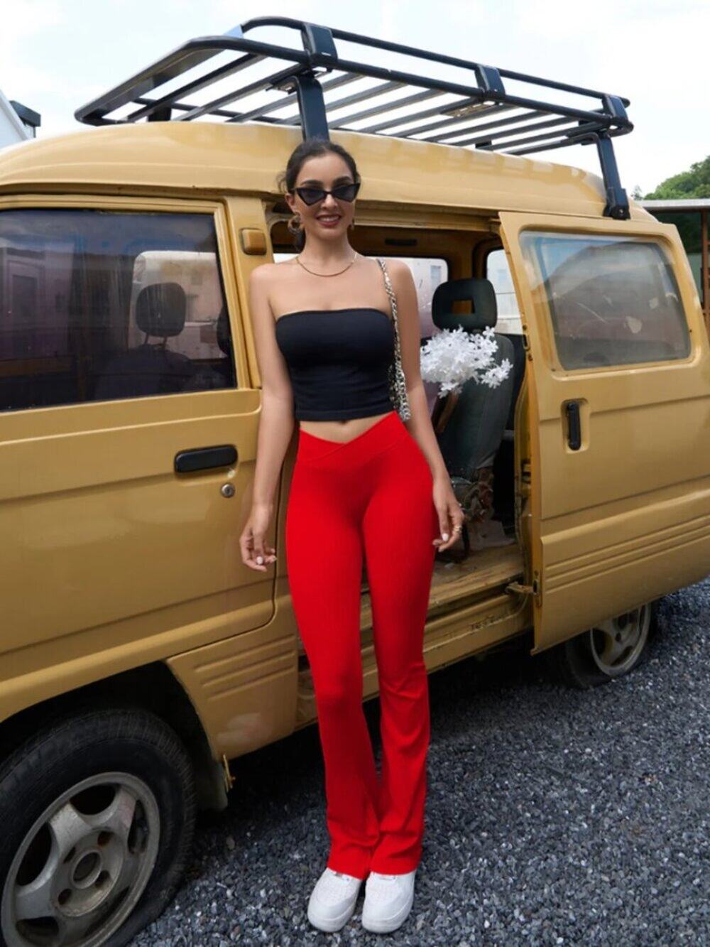 OQQ Ribbed Cross Over High Waist Lounge Pants- Red